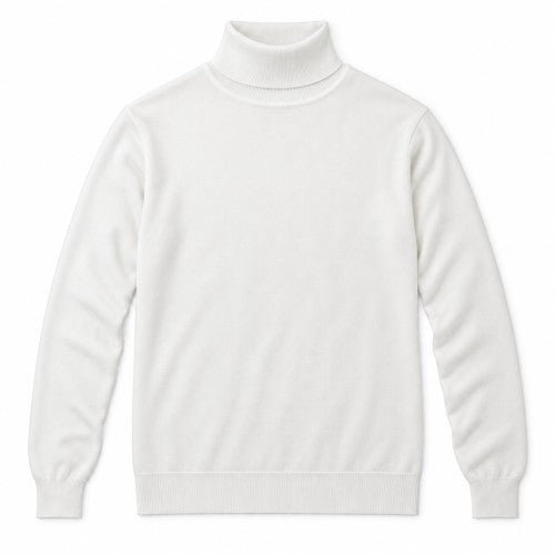 A white long-sleeve turtleneck sweater displayed flat against a solid white background.