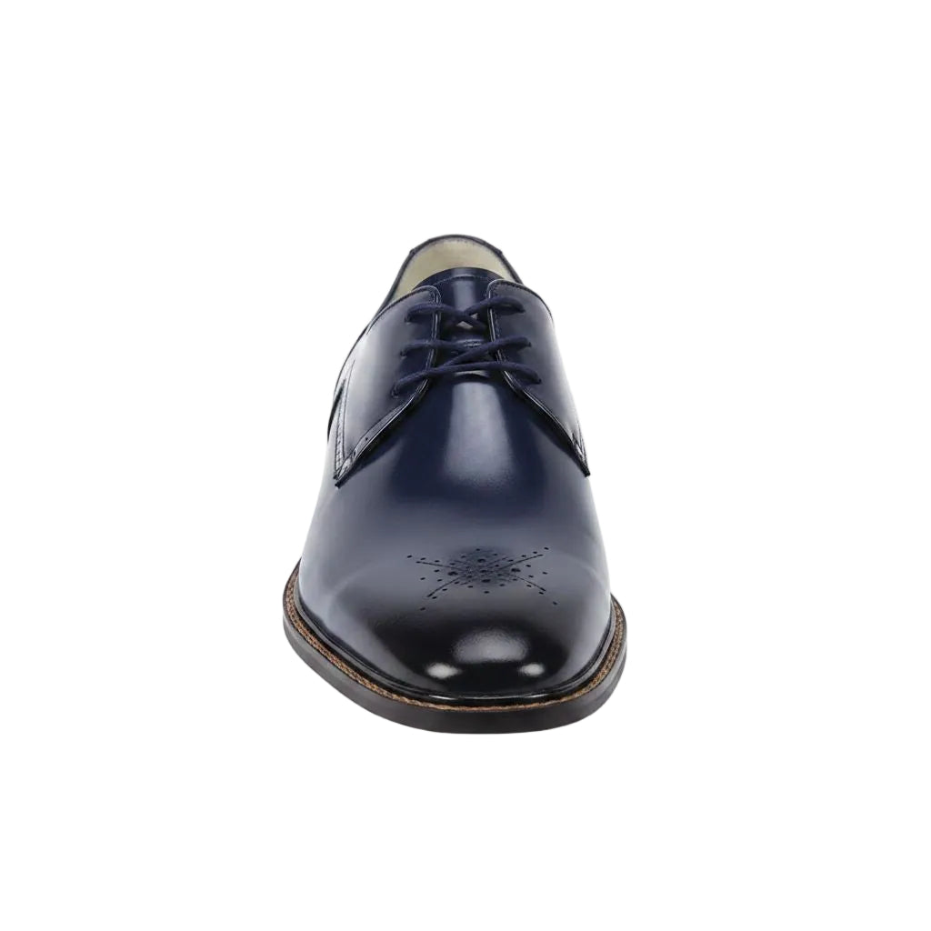 Navy blue leather shoe on a white background