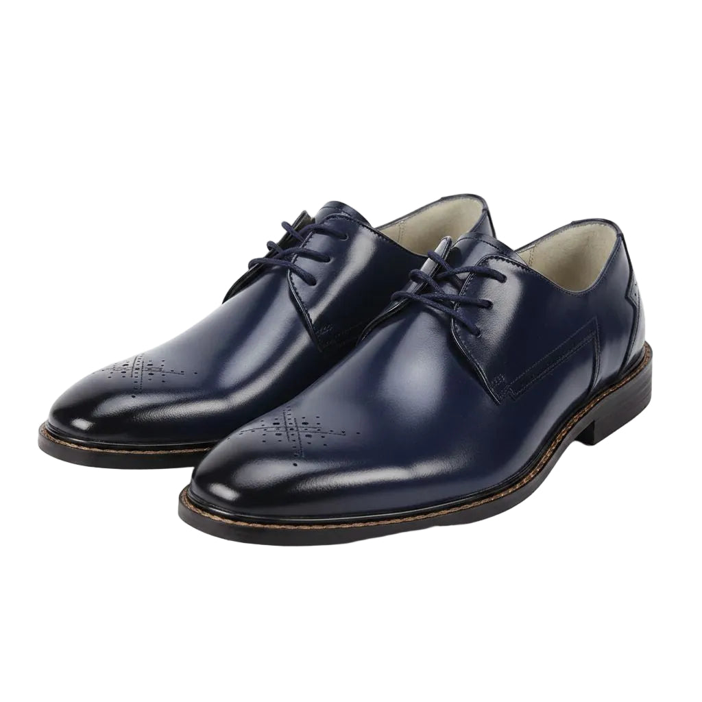 Pair of navy blue leather dress shoes on a white background