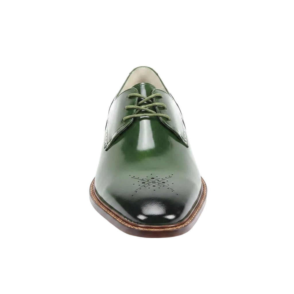 Green leather shoe with brown sole on a white background