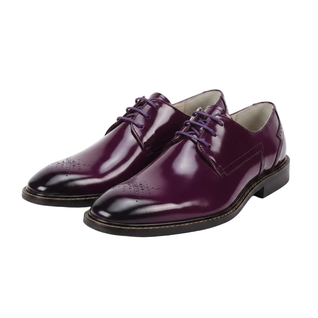 Pair of purple dress shoes on a white background