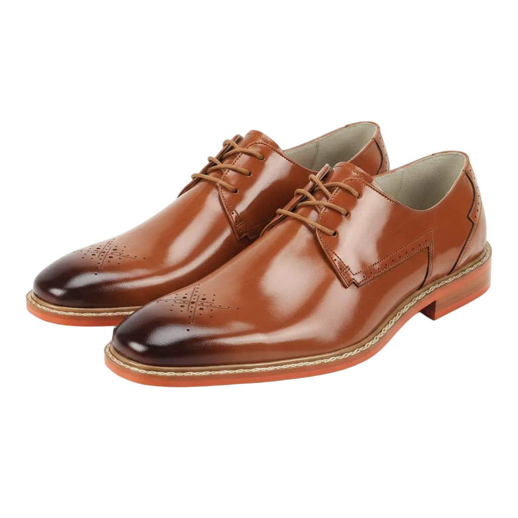 Pair of tan leather dress shoes on a white background
