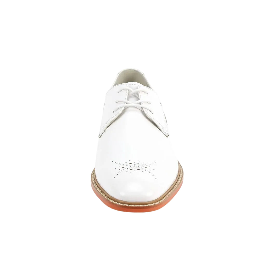 White shoe with brown sole on a white background