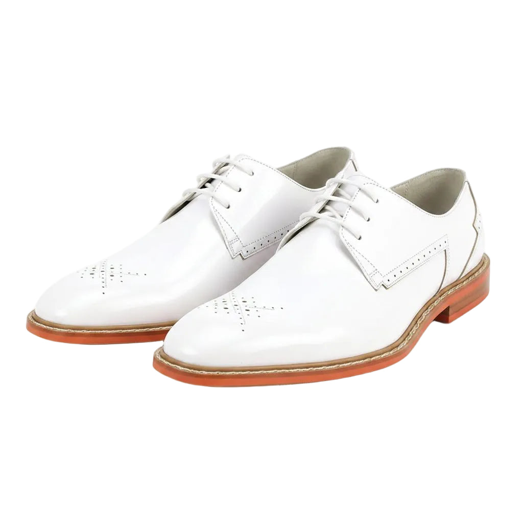 White dress shoes with brown soles on a white background