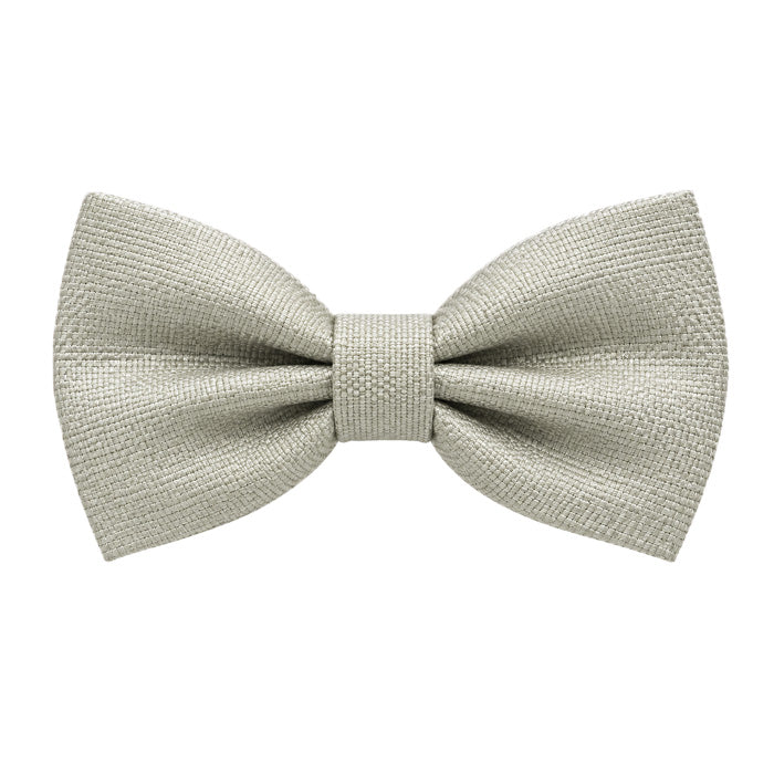 A pre-tied bow tie in a textured light gray fabric, shown against a plain white background.