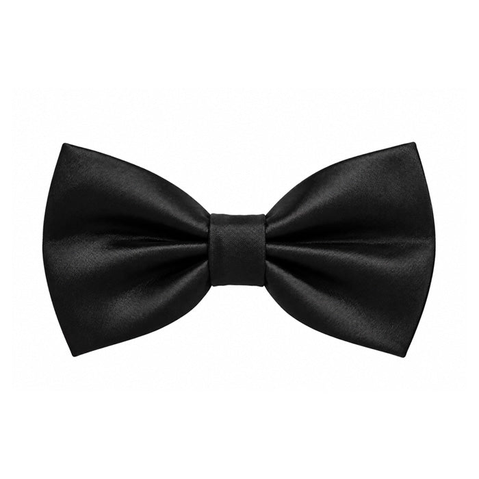 A classic black satin bow tie presented flat against a solid white background.
