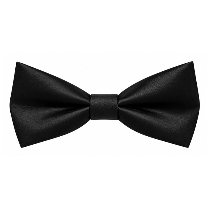 A classic black satin bow tie with a pre-tied shape, displayed against a solid white background.