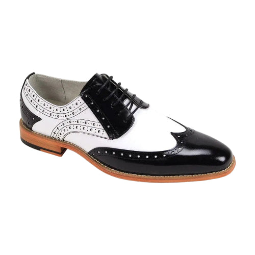 Black and white leather wingtip lace-up dress shoes