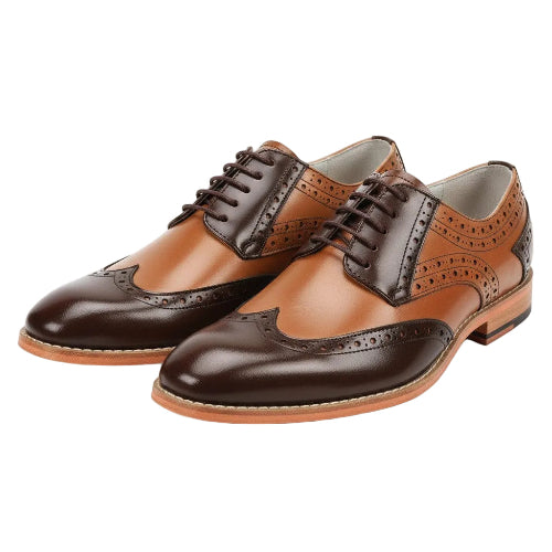 Brown and black wingtip shoes on a white background