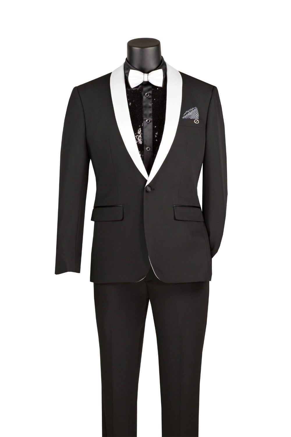Kingsman Collection - Shawl Collar Slim Fit Tuxedo 2 Piece 1 Button Black with Adjustable Waistband Pants