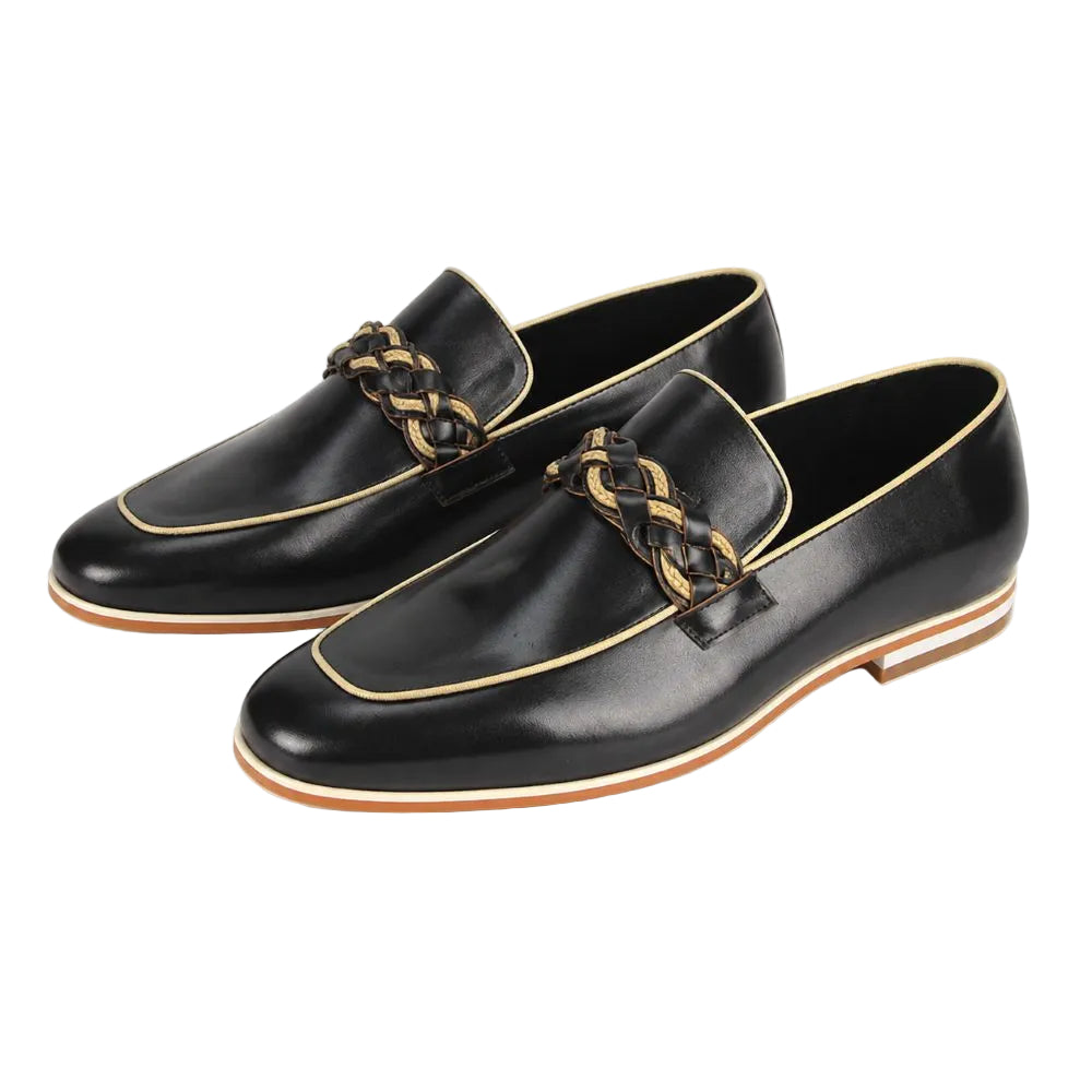 A pair of black leather loafers with a braided brown and gold strap across the vamp, accented by a thin gold piping detail along the toe and a light tan sole edge, shown on a white background.