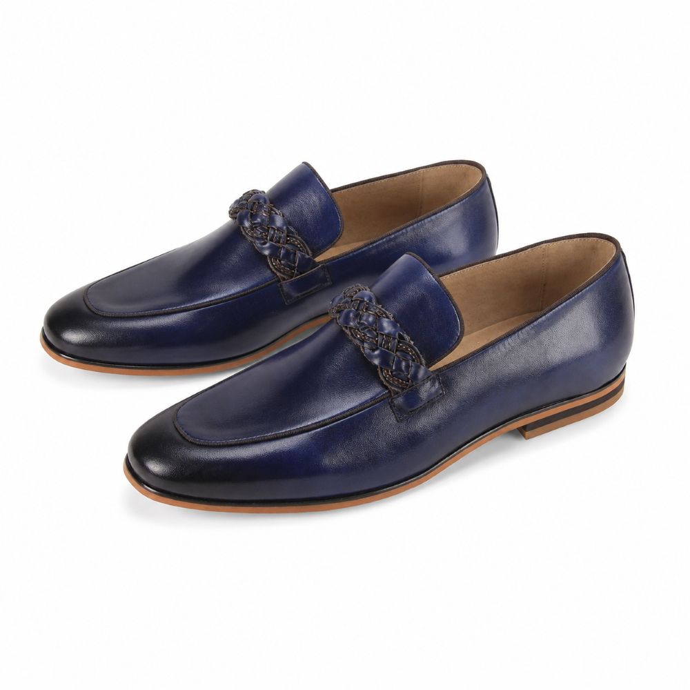 A pair of navy blue leather loafers with a braided strap detail across the vamp, displayed on a clean white background.
