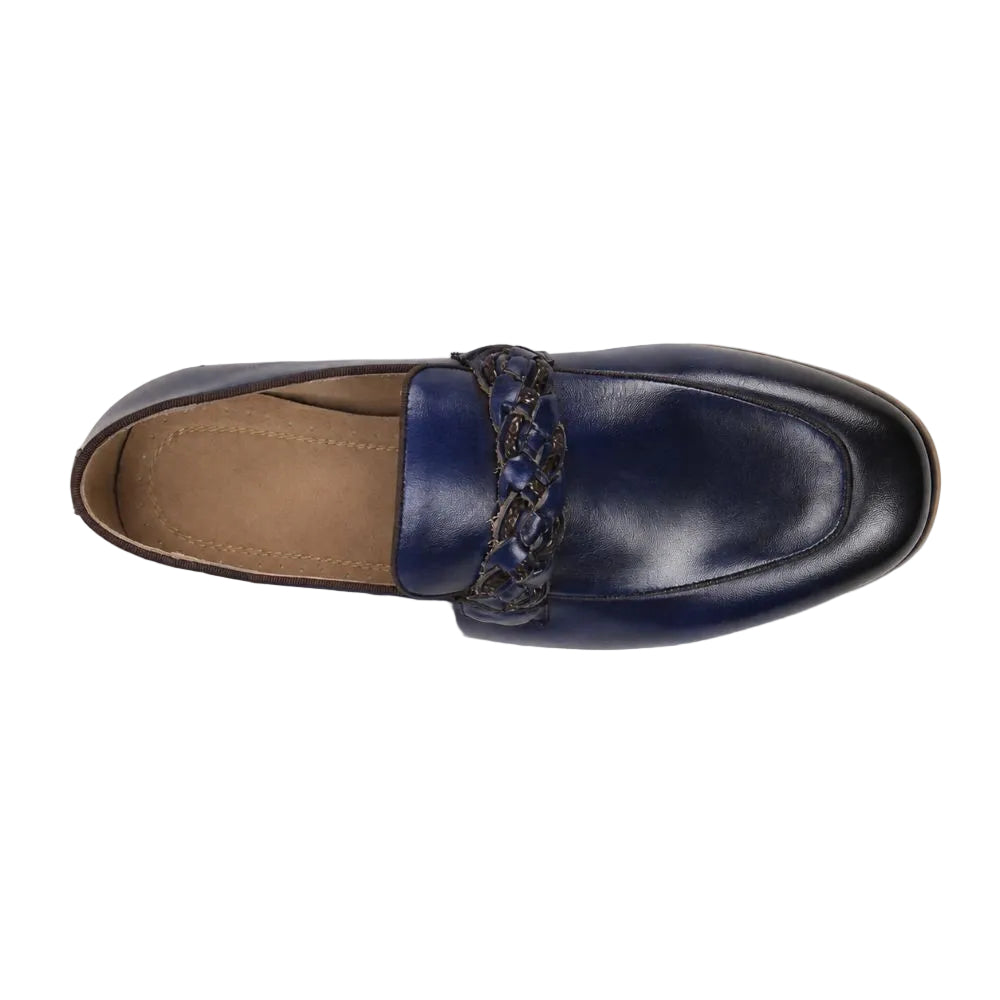 A single navy blue leather loafer with a braided decorative strap across the vamp, shown from a top-down view on a white background.