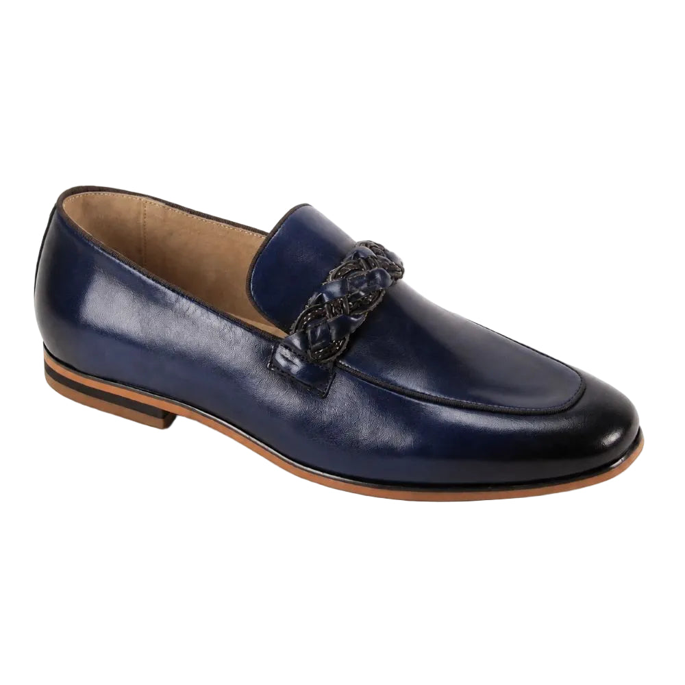 Tudor Collection - Blue Leather Moc-Toe Woven Strap Dress Shoe
