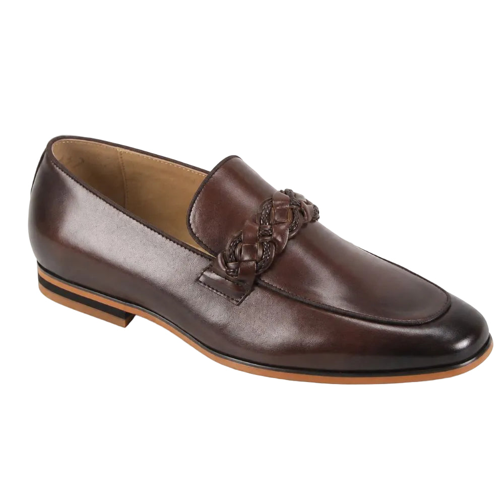 Tudor Collection - Brown Leather Moc-Toe Woven Strap Dress Shoe