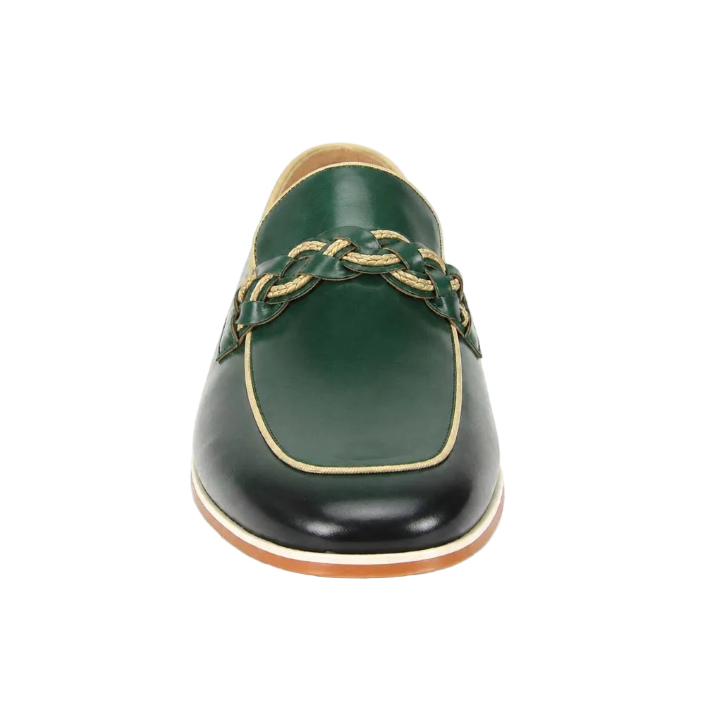 A single dark green leather loafer with a glossy black toe cap, a decorative braided strap across the vamp, and gold-colored piping, shown from a front-facing perspective on a white background.