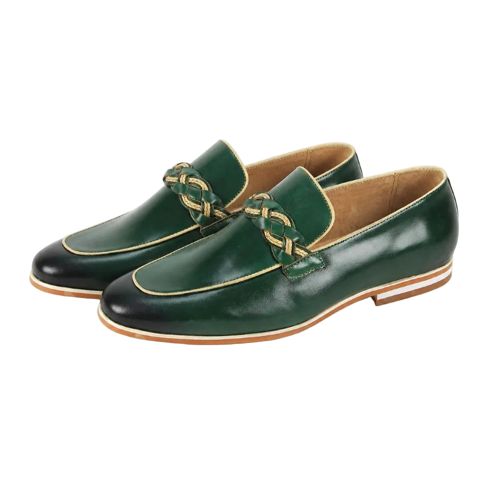 A pair of dark green leather loafers with a decorative braided strap across the vamp and a black toe cap, shown on a plain white background.
