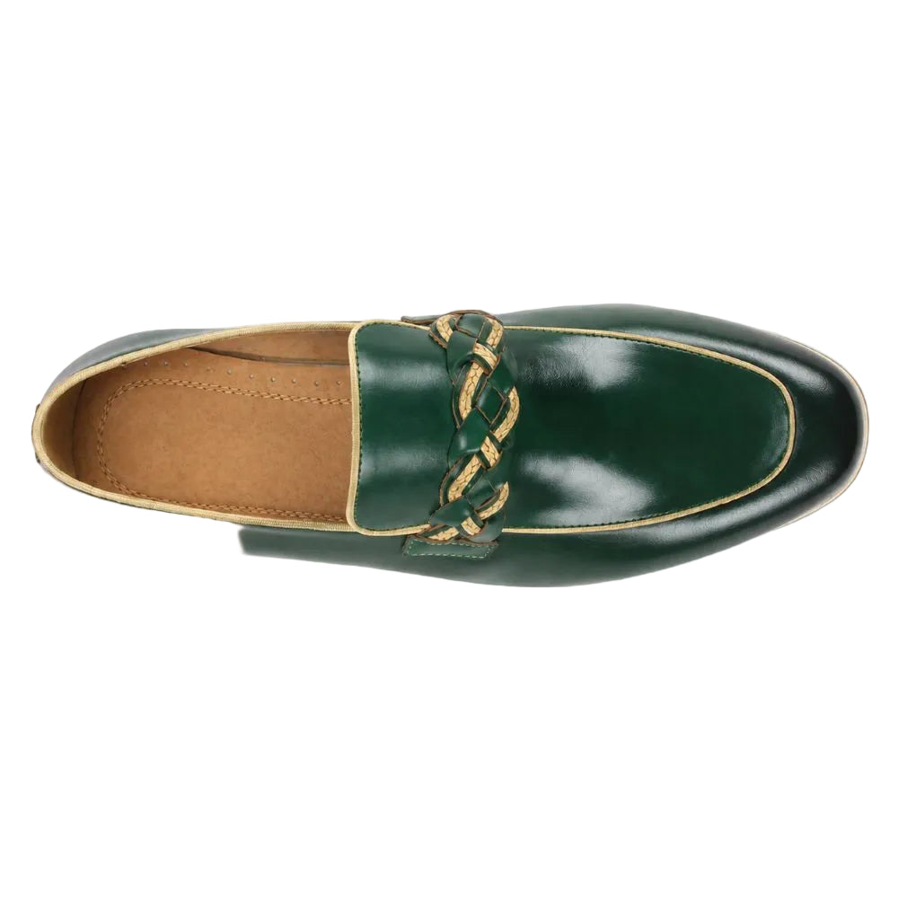 A single dark green leather loafer shown from a top-down view on a white background. The shoe features a decorative braided tassel strap in a beige and green color combination across the vamp.
