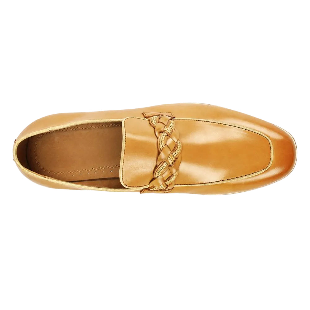 A single tan leather loafer shown from a top-down view on a plain white background. The shoe features a decorative braided tassel detail across the vamp.