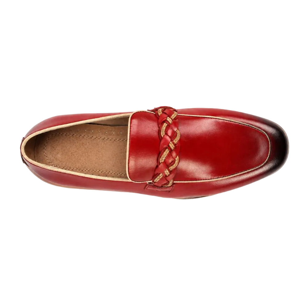 A single red leather loafer shown from a top-down view on a plain white background. The shoe features a braided decorative strap across the vamp and a dark brown pointed toe.