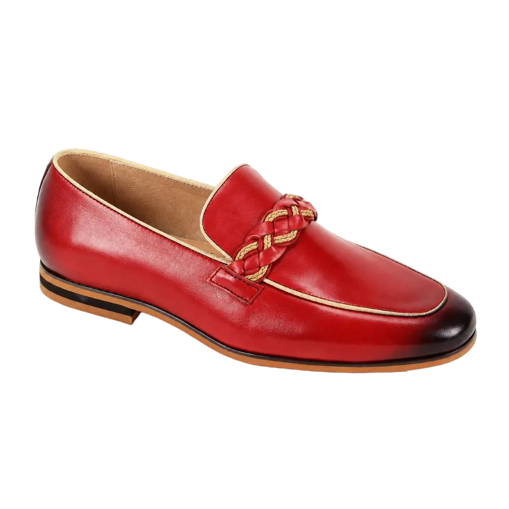 Tudor Collection - Red Leather Moc-Toe Woven Strap Dress Shoe