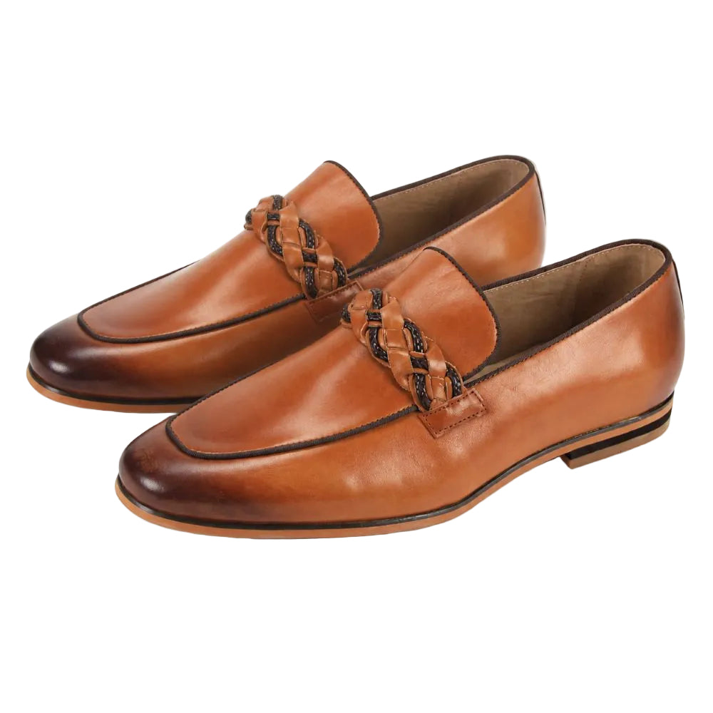 A pair of men's tan leather loafers with a braided strap detail across the vamp, displayed on a clean white background.