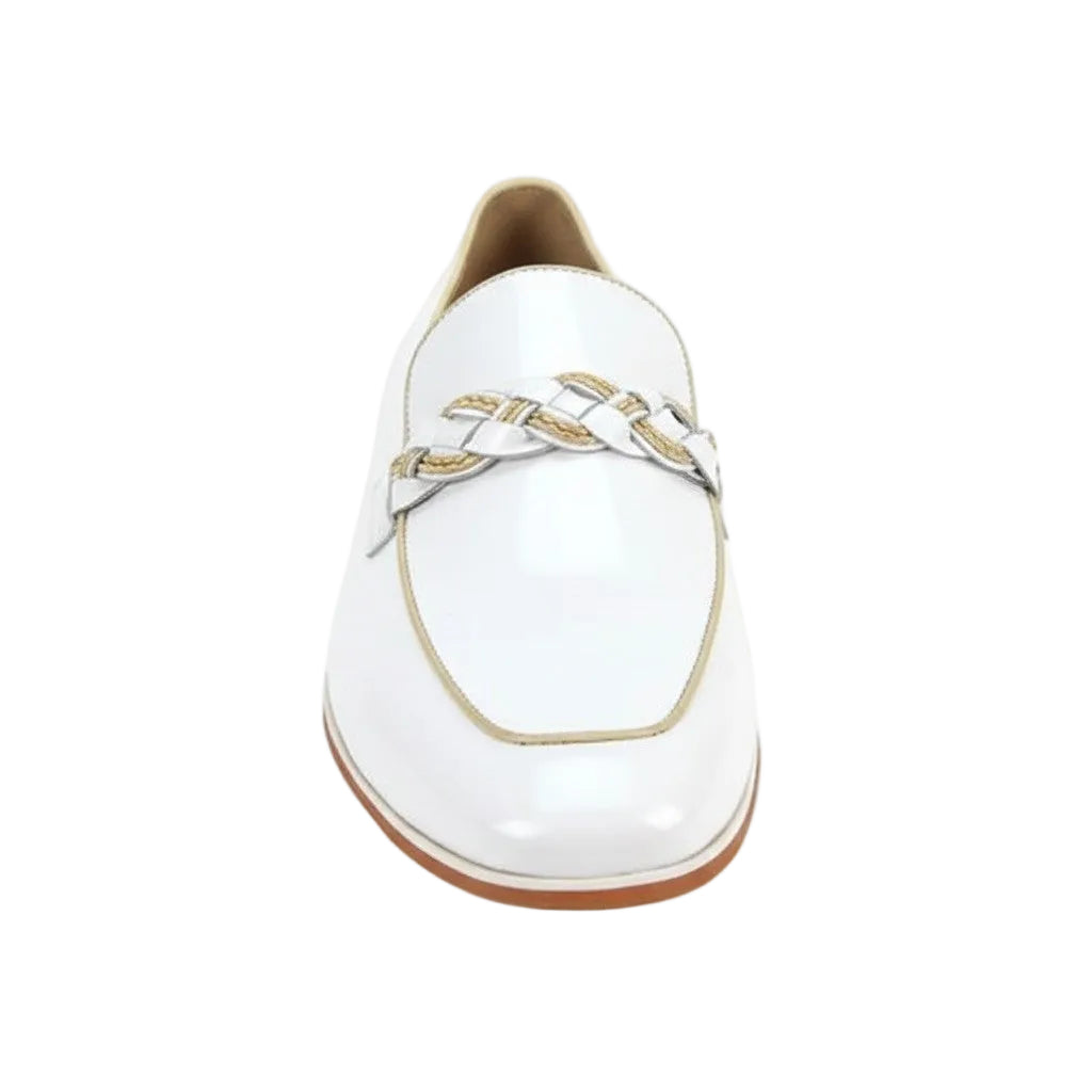 White loafer shoe with brown sole on a white background