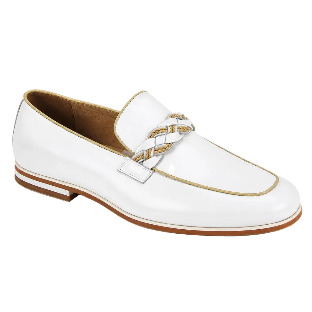 Tudor Collection - White Leather Moc-Toe Woven Strap Dress Shoe