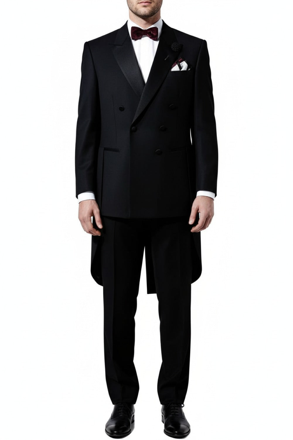 Black tuxedo with a bow tie on a white background
