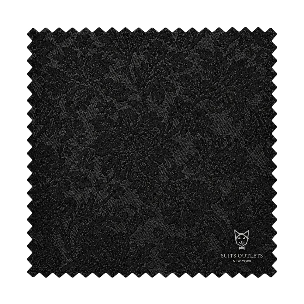 A square black fabric swatch with serrated zigzag edges, featuring a subtle dark damask pattern. The Suits Outlets New York logo is printed in white in the bottom right corner.