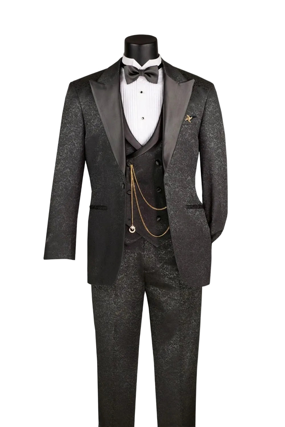 Black Slim Fit 3 Piece Jacquard Pattern Peak Lapel Tuxedo