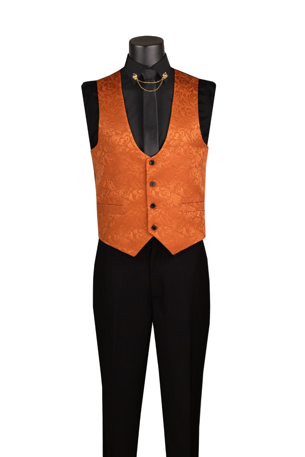 Orange brocade vest on a mannequin against a white background