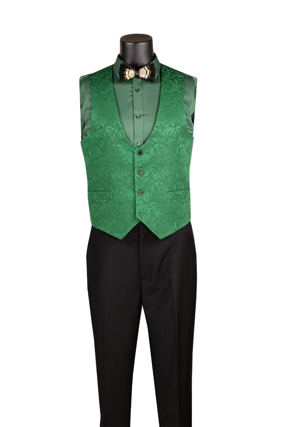 Green vest and black pants on a mannequin with a white background