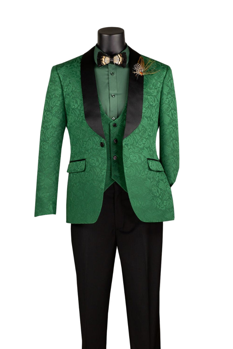 Green slim fit 3 piece men's jacquard tuxedo
