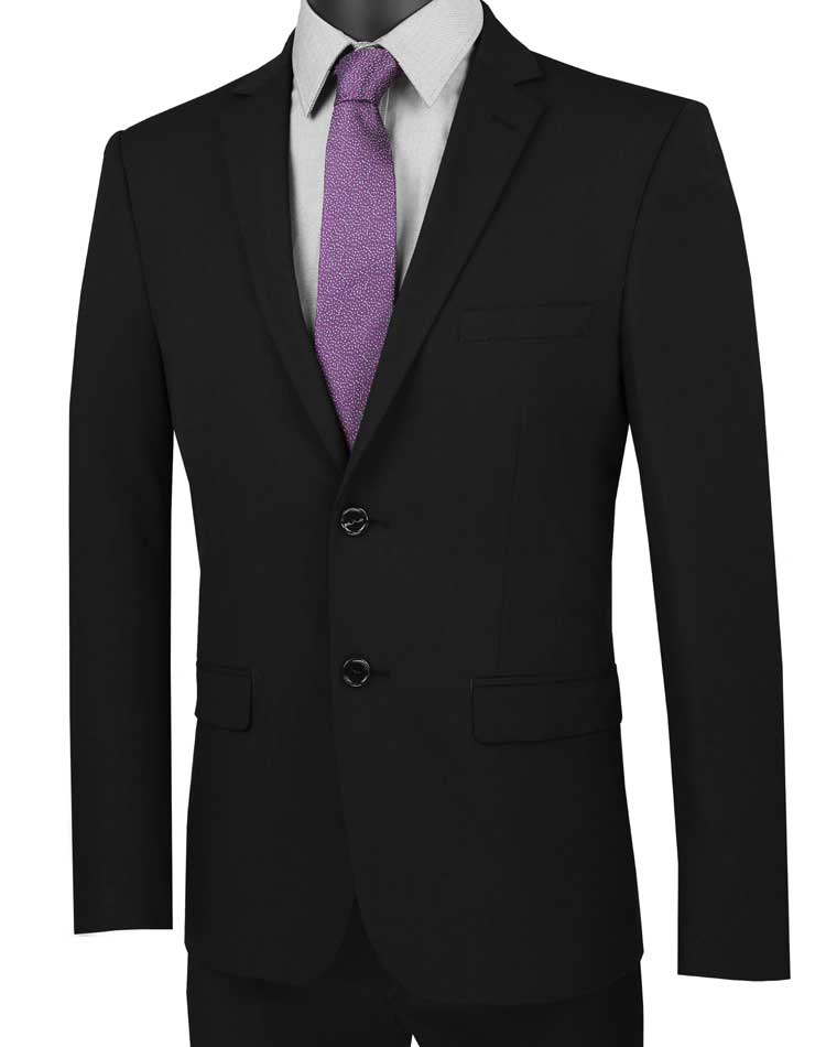 Close-up of a luxurious black ultra slim fit stretch suit jacket, paired with a refined purple tie.