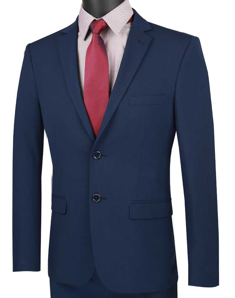 Vinci Ultra Slim Fit navy stretch suit fabric and tie detail. Premium quality for the discerning gentleman.