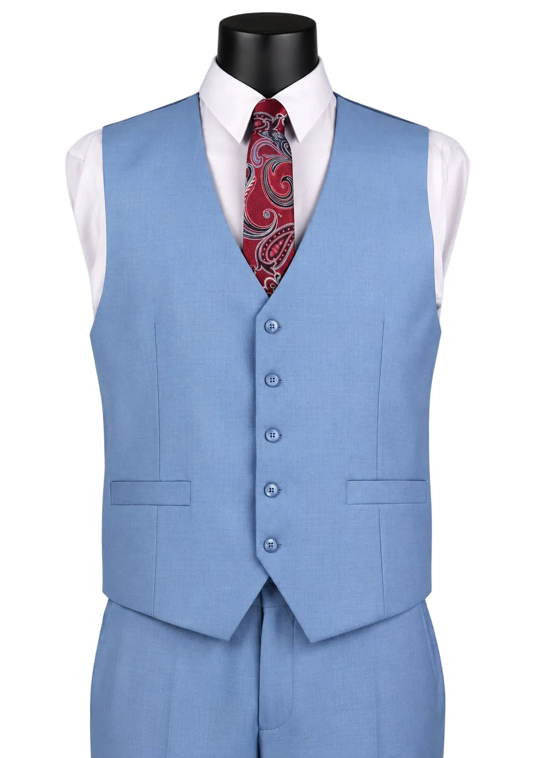 A men's light blue three-piece suit displayed on a black mannequin torso, styled with a white dress shirt and a red paisley patterned tie, against a plain white background.