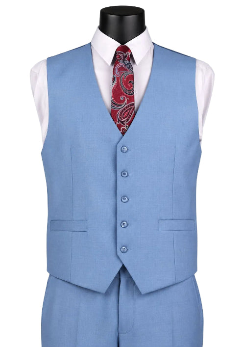 A men's light blue three-piece suit displayed on a black mannequin torso, styled with a white dress shirt and a red paisley patterned tie, against a plain white background.