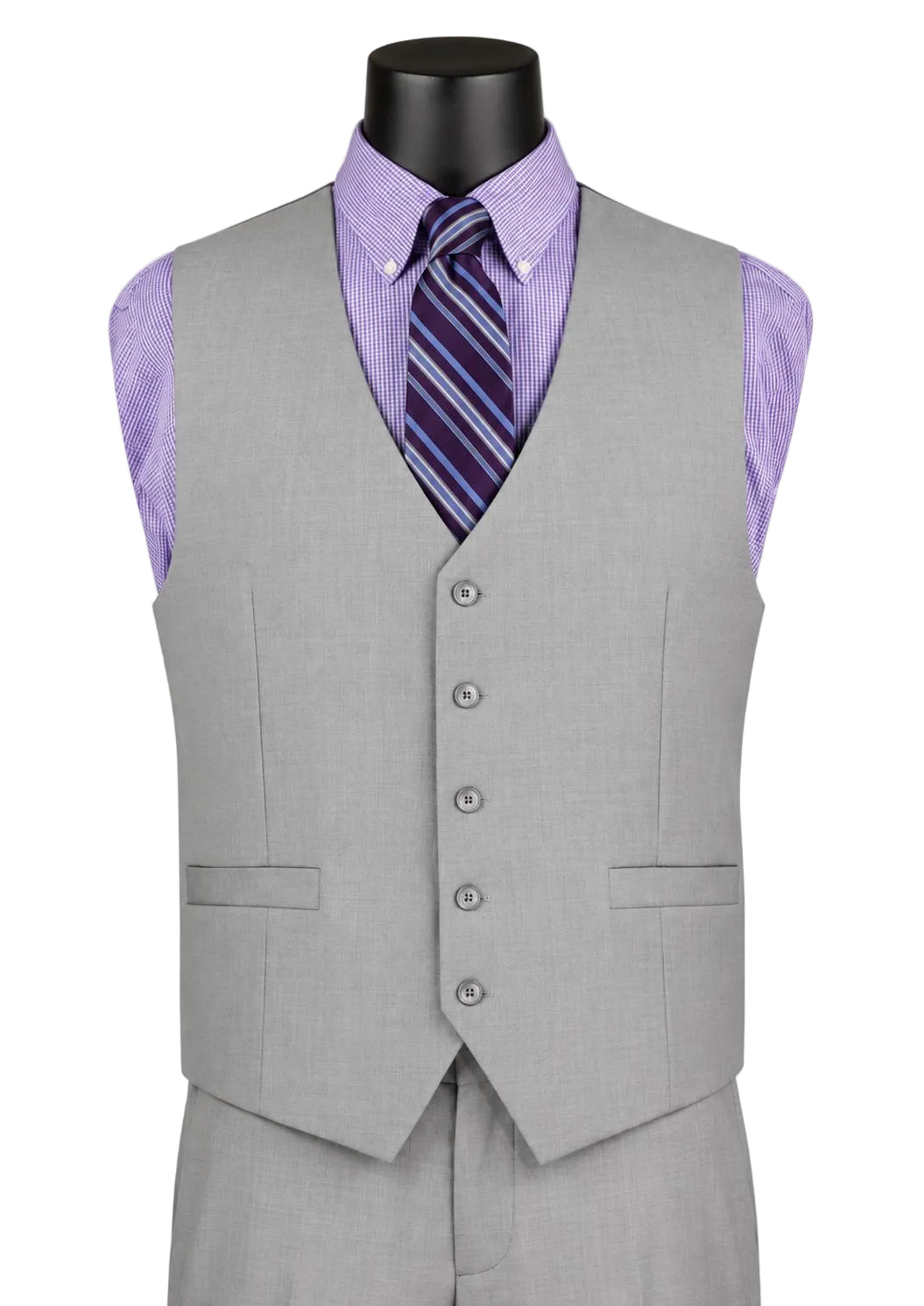 A light gray men's suit vest displayed on a black mannequin torso, styled with a lavender striped dress shirt and a purple and blue striped tie against a plain light gray background.