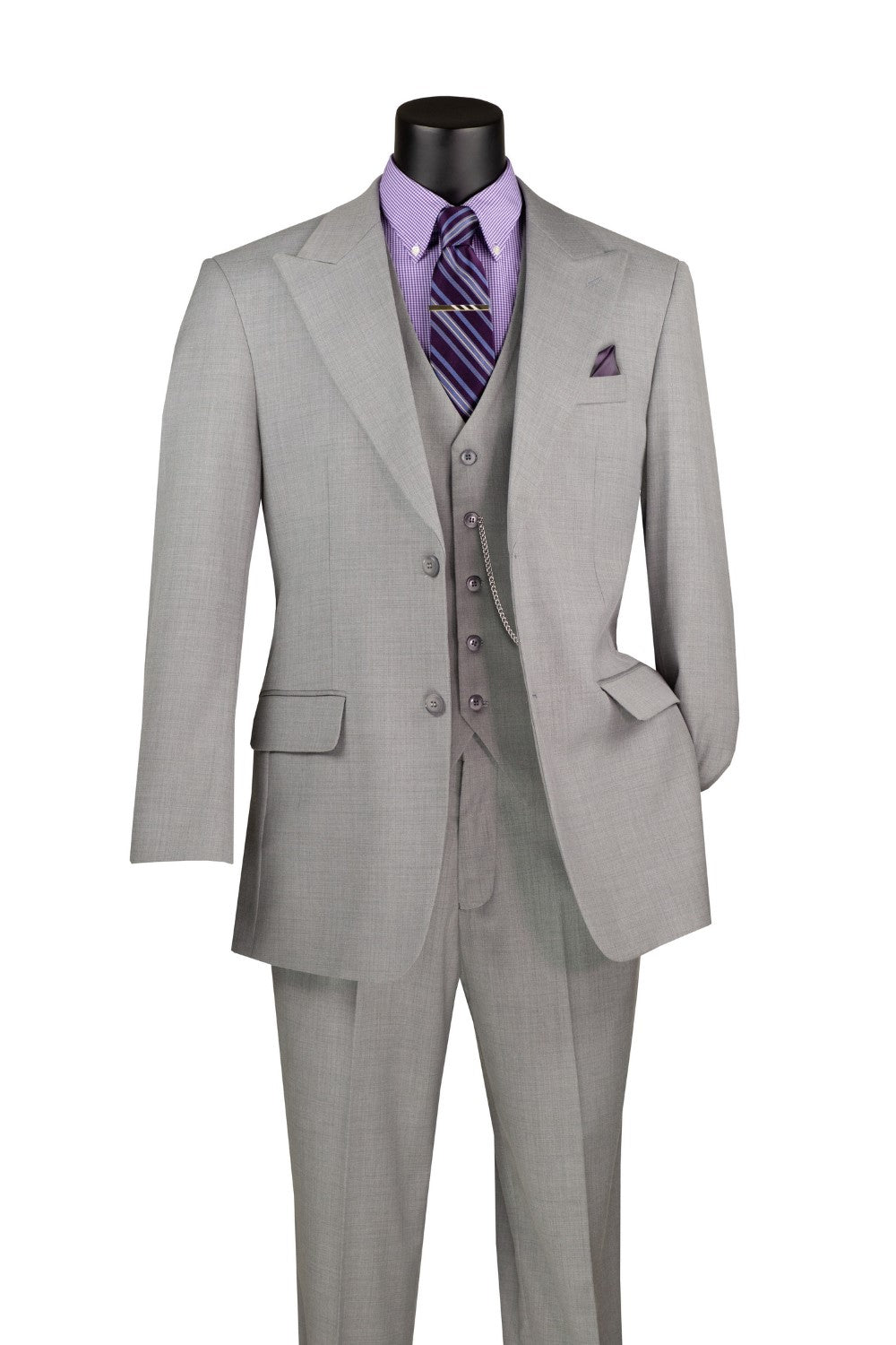 Solid Light Gray Regular Fit 3 Piece Suit jacket with vest, showing tie, collar, buttons, pocket.