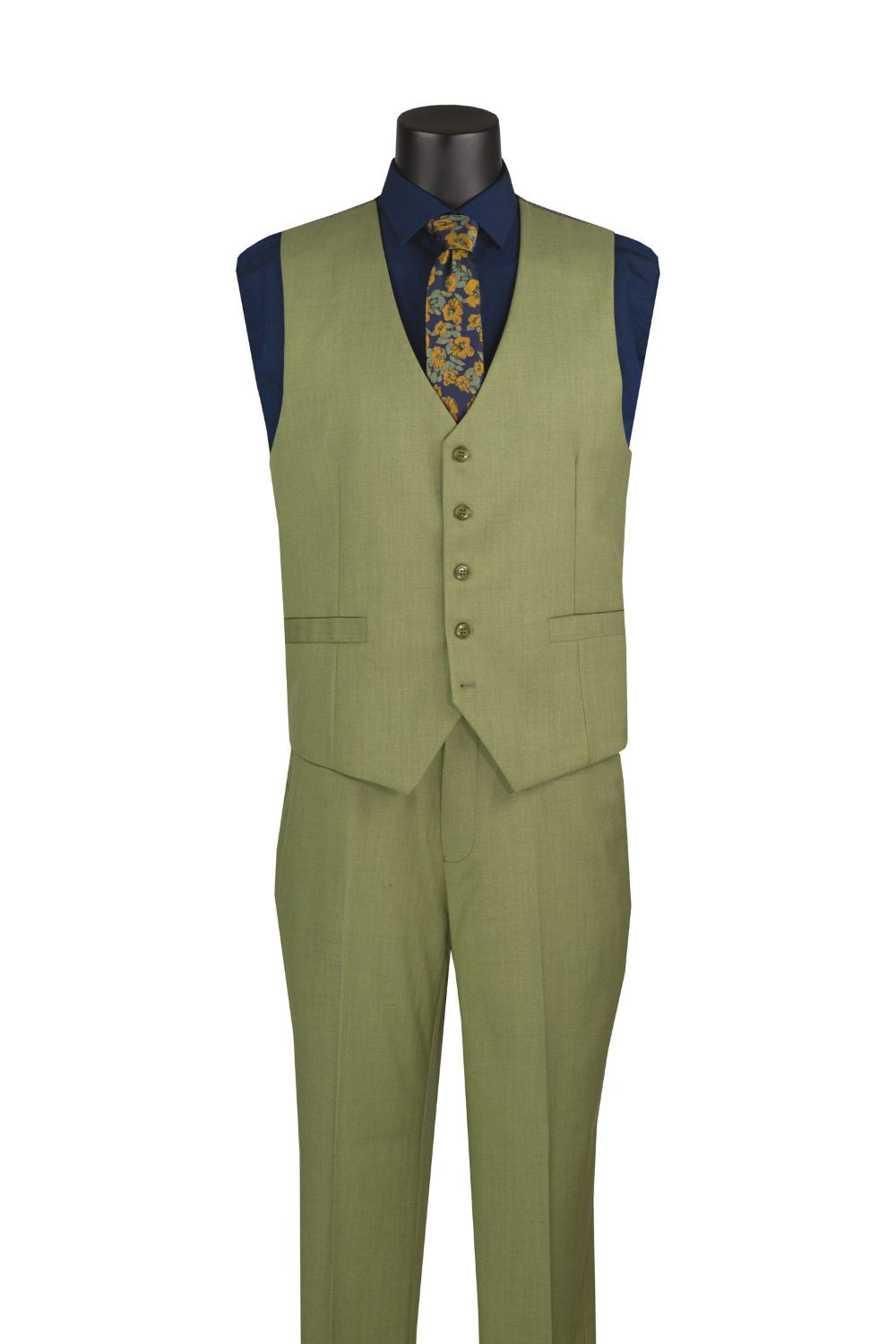 A men's three-piece suit displayed on a black mannequin torso, featuring an olive green vest and matching trousers, styled with a navy blue dress shirt and a patterned yellow and blue tie.
