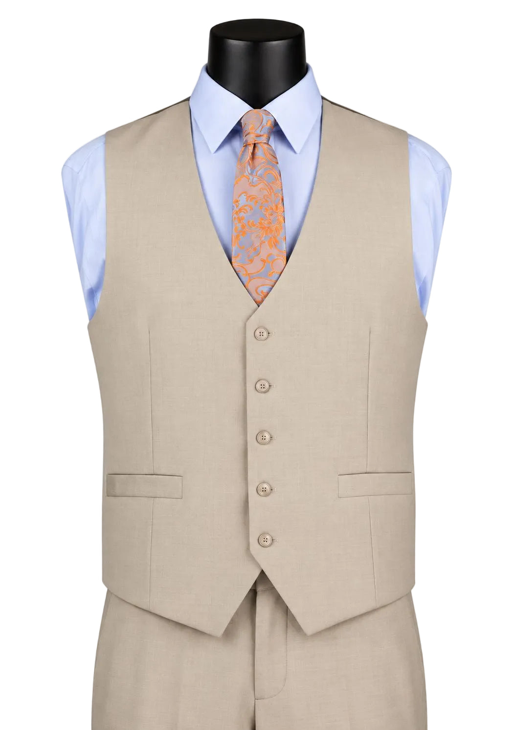 A men's beige suit vest displayed on a black mannequin torso, styled with a light blue dress shirt and an orange paisley patterned tie against a plain white background.