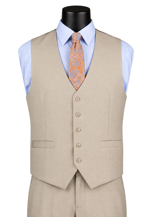 A men's beige suit vest displayed on a black mannequin torso, styled with a light blue dress shirt and an orange paisley patterned tie against a plain white background.