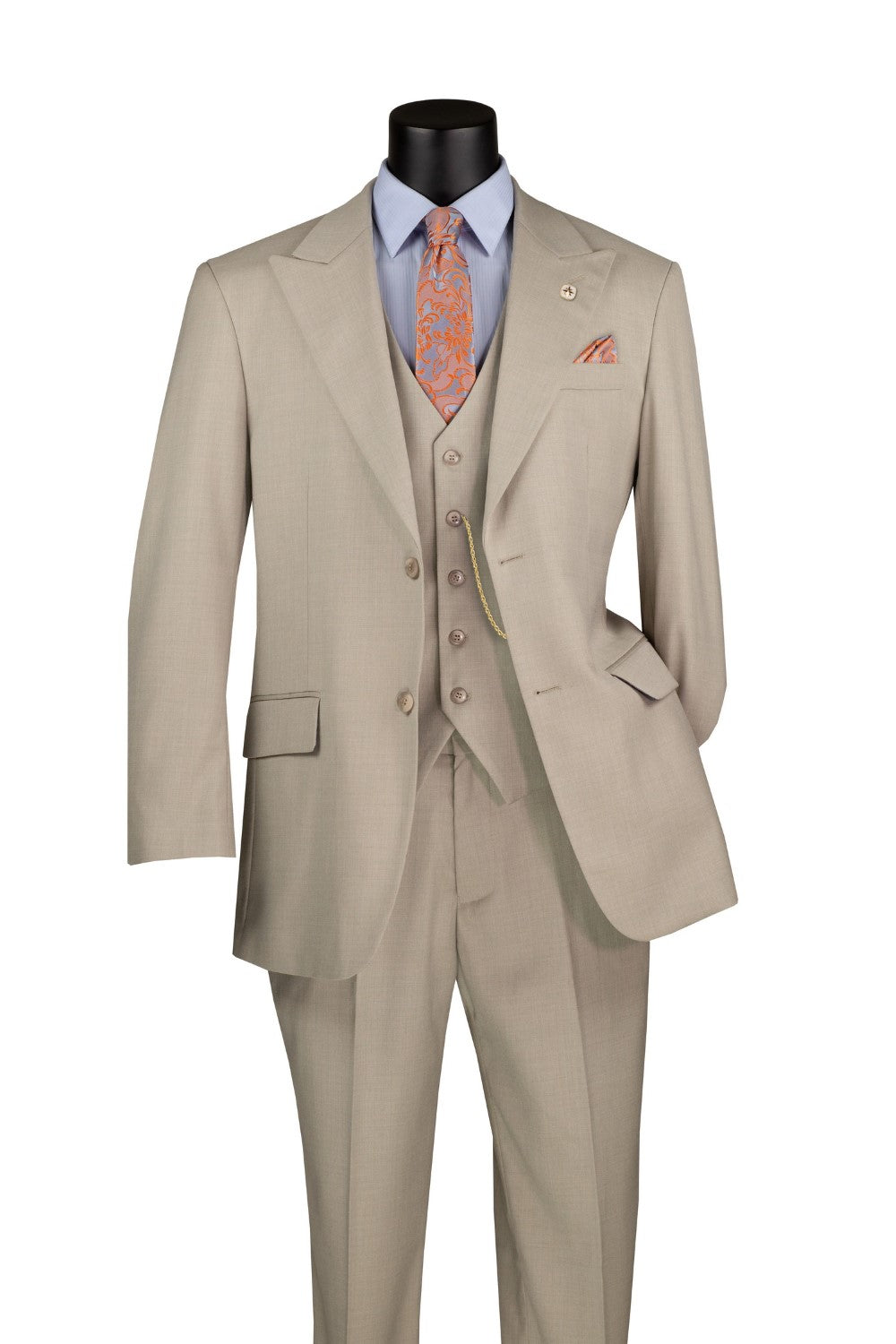 Vinci solid Oatmeal Regular Fit 3 Piece Suit jacket with tie, collar, front buttons, chest pocket.