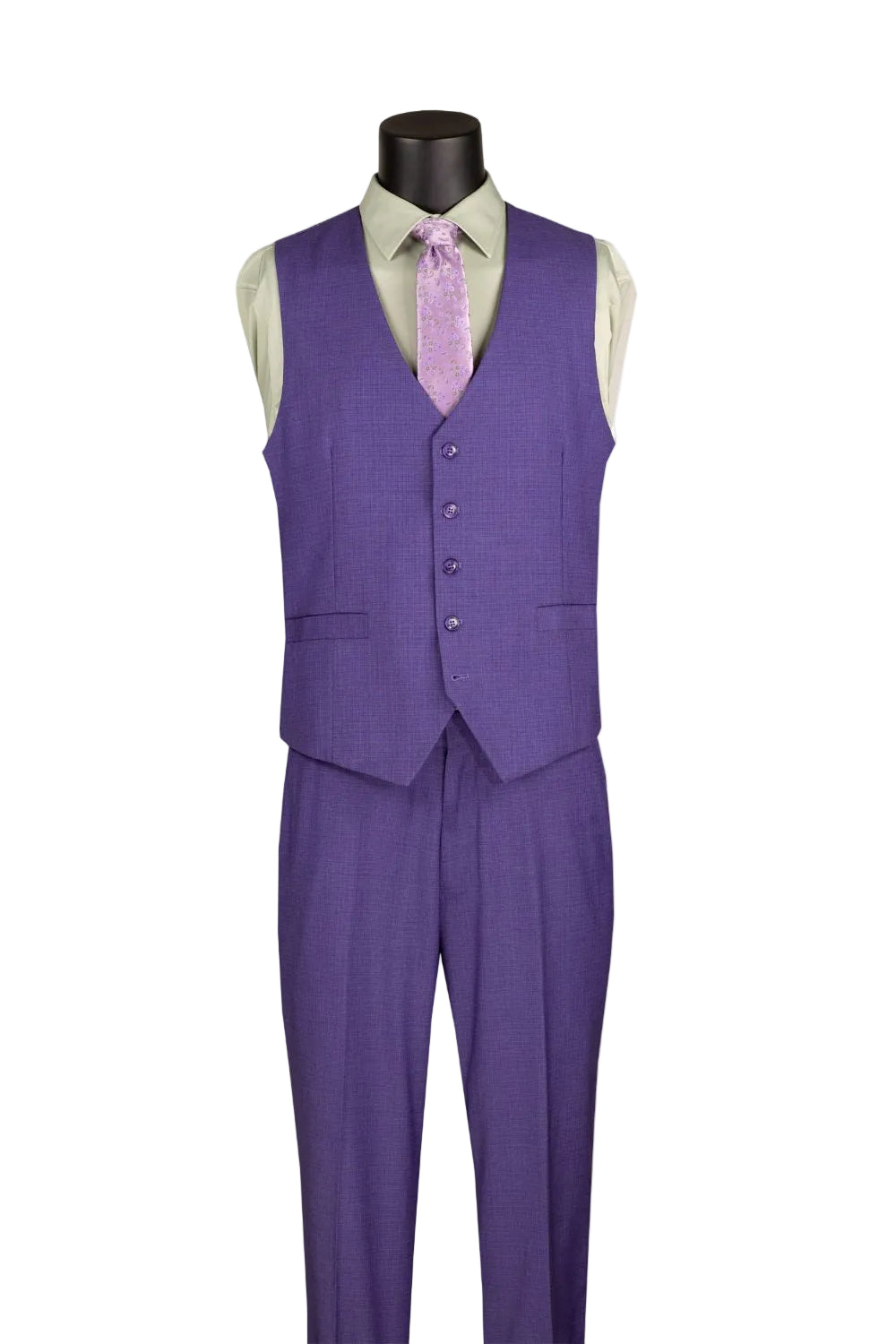 Purple suit vest and pants on a mannequin with a white background