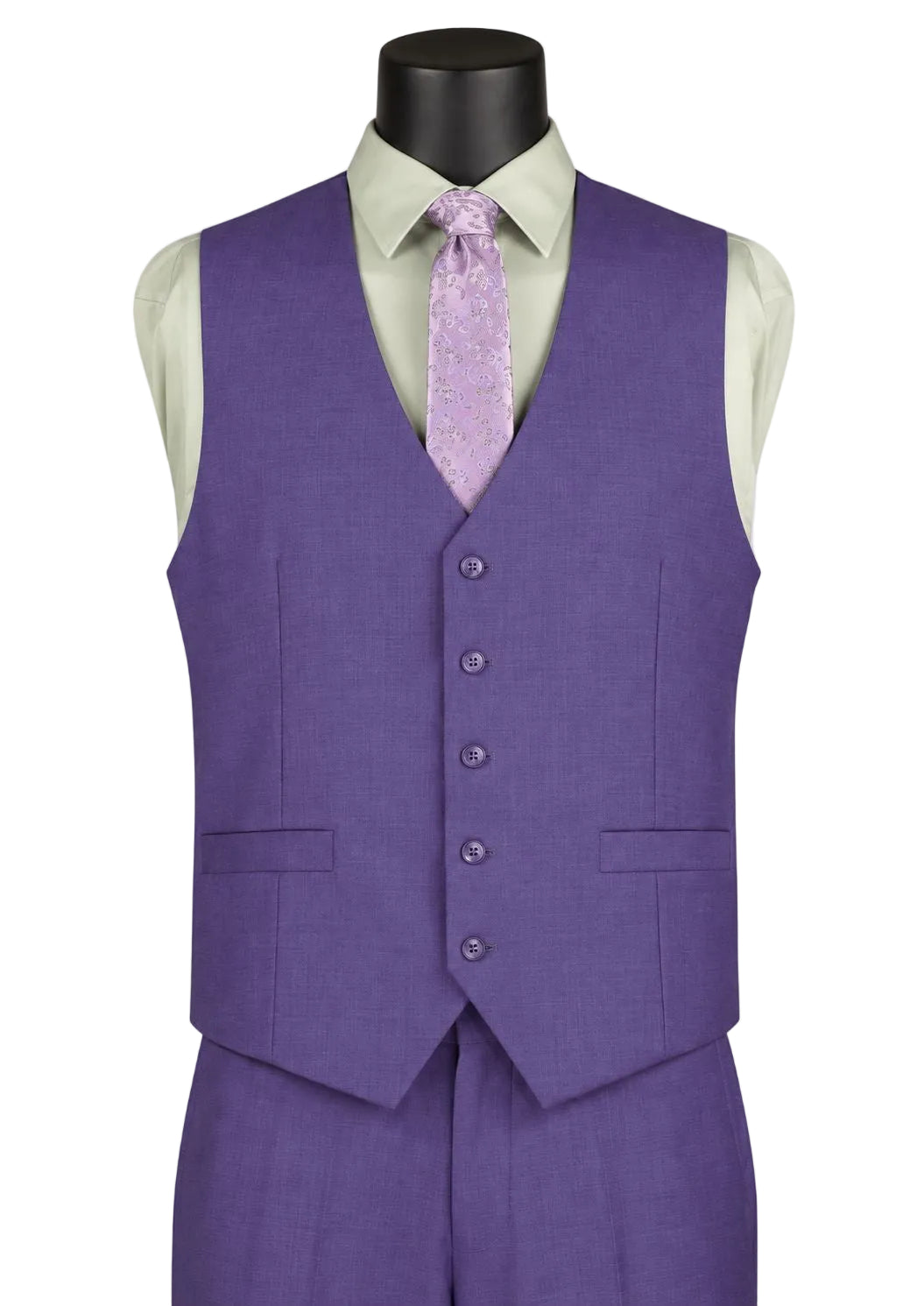 A men's purple three-piece suit displayed on a black mannequin torso, featuring a matching purple vest, trousers, and a light purple patterned tie over a pale green shirt.
