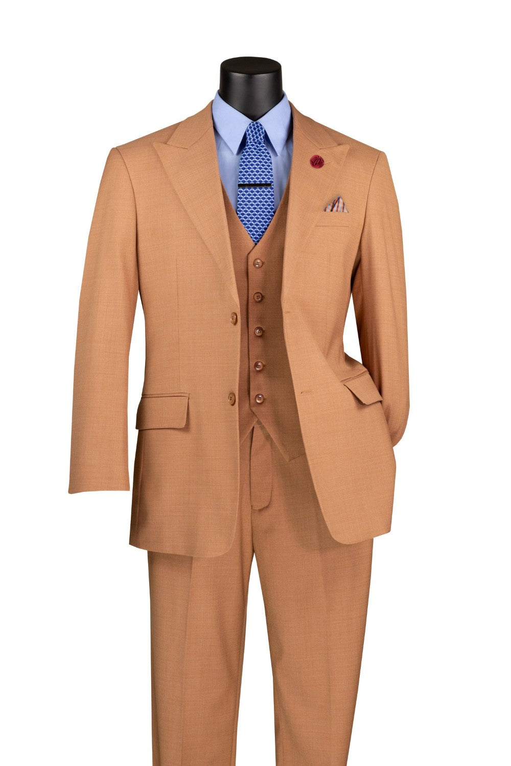 A light amber colored three piece suit with a blazer, vest, and pants displayed on a mannequin. The suit has a regular fit with a peak lapel, single-breasted design and two buttons.