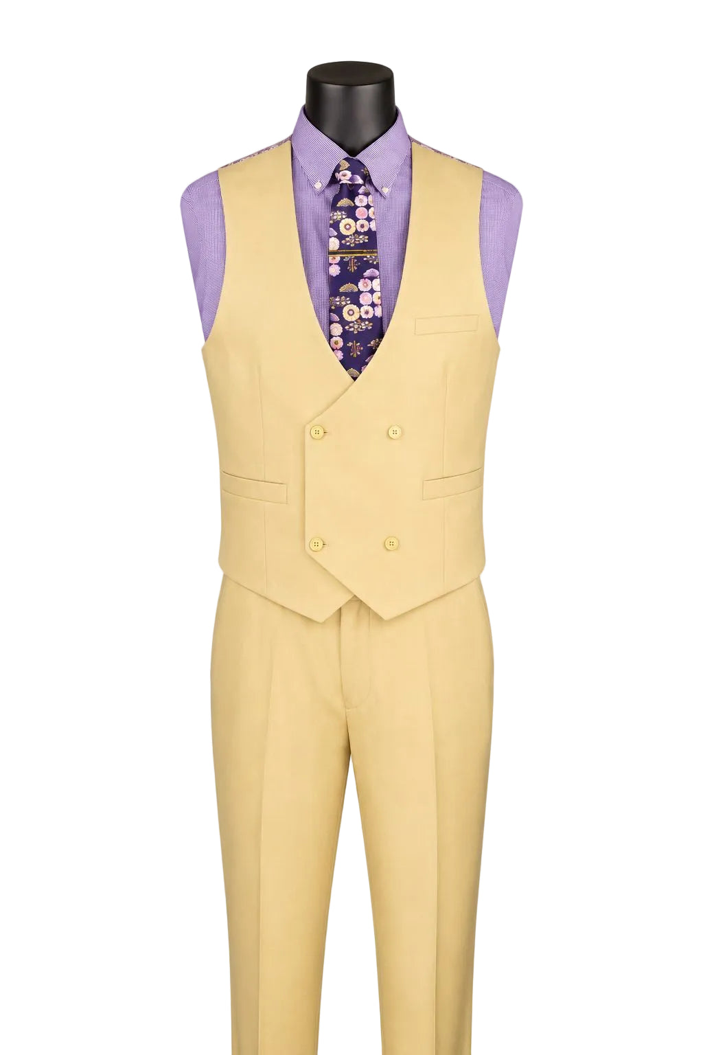 A men's formal suit displayed on a black mannequin torso, featuring a pale yellow double-breasted vest and matching trousers, styled with a lavender dress shirt and a purple patterned tie against a light gray background.