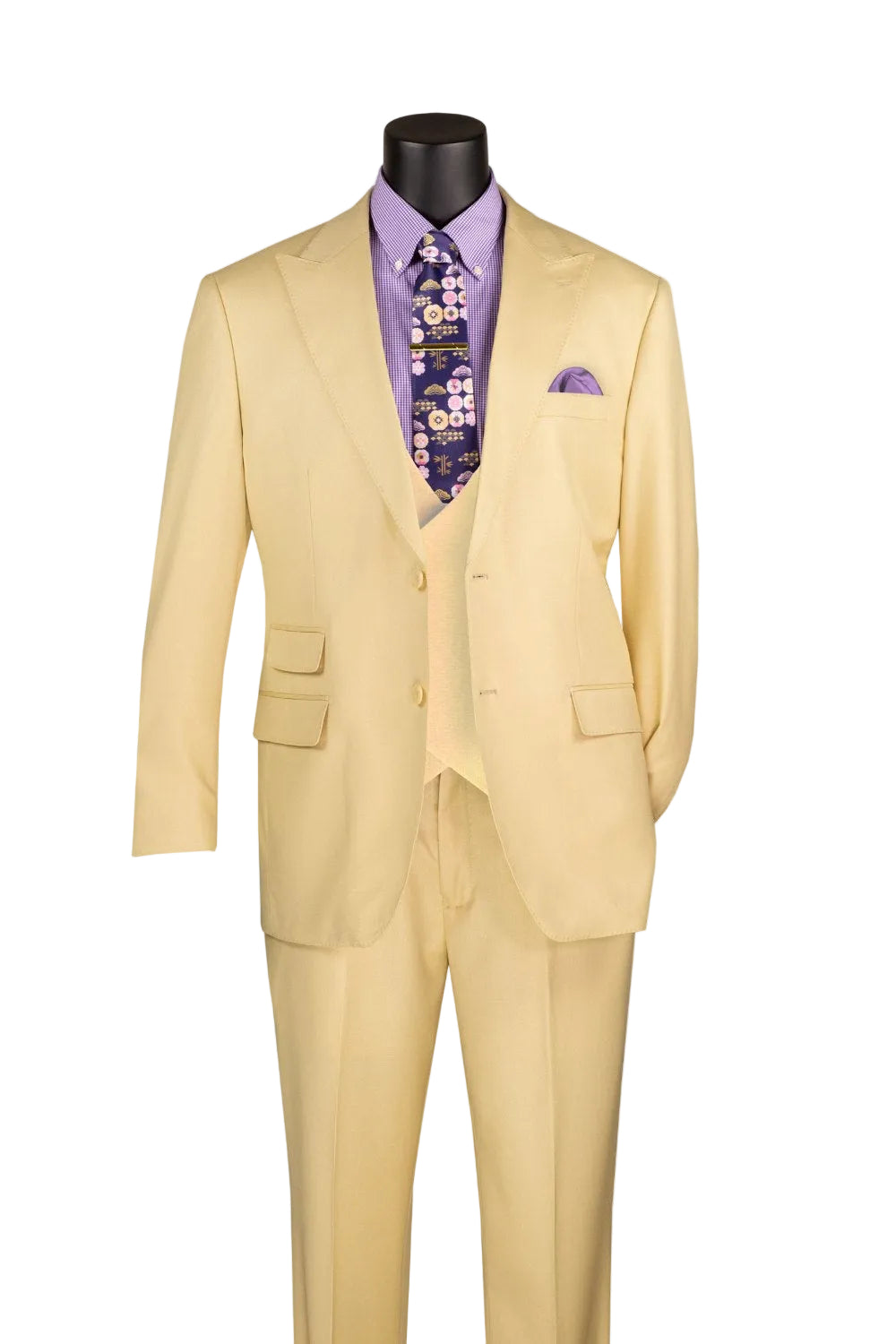 Butter Regular Fit 3 Piece Sharkskin Suit with Vest and Adjustable Waistband Pants