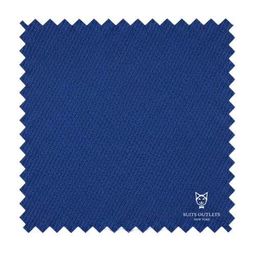 Blue fabric swatch with 'Suits Outlets' branding on a white background